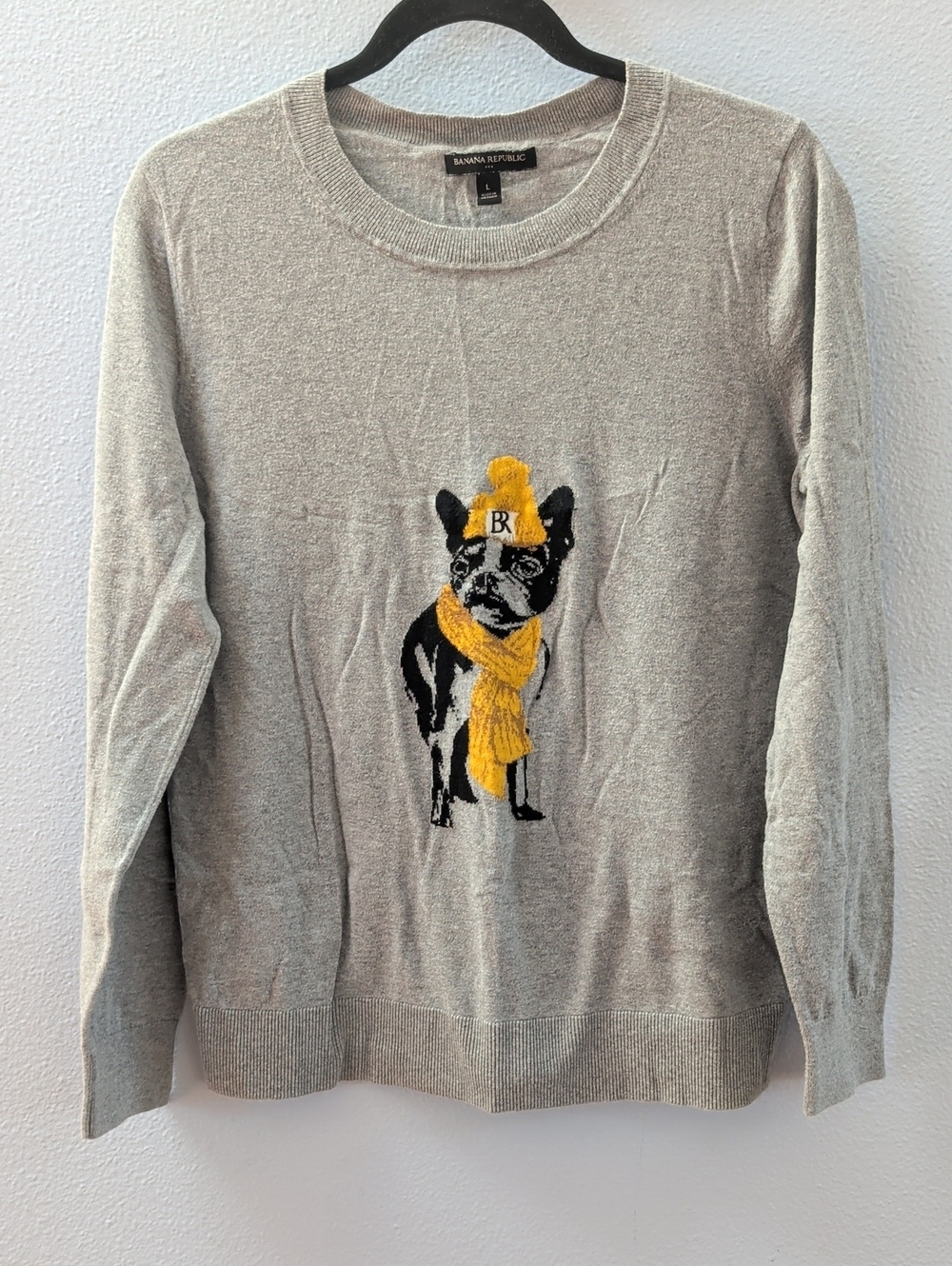 Banana Republic Forever Intarsia Women's Gray Sweater French Bulldog Novelty